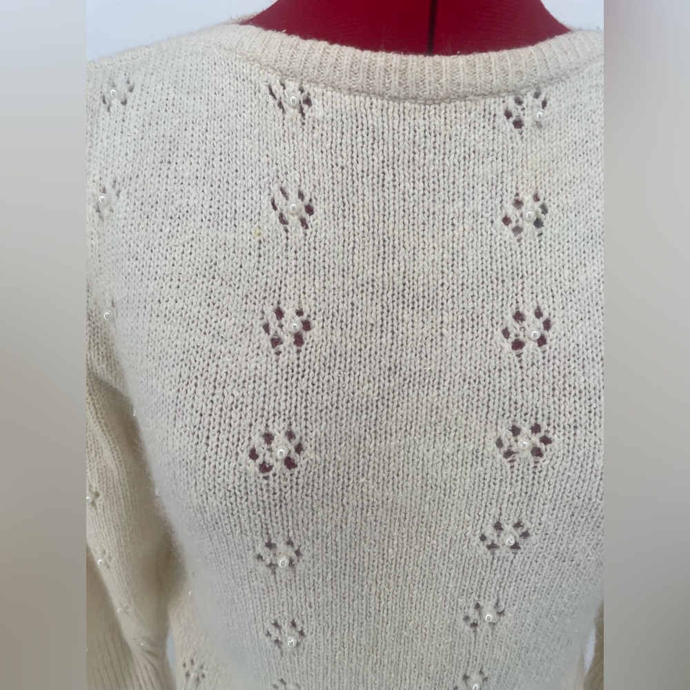 Vintage 80s Silk & Angora Cream Knit Sweater With Floral Cutouts & Pearl Centers - Picture 6 of 15